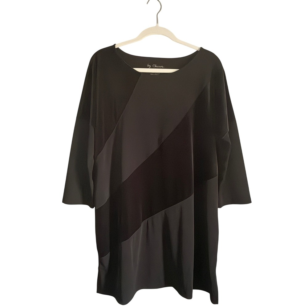 Chicos Black Diagonal Colorblock Tunic Top 3/4 Sleeve Size 2 L Large